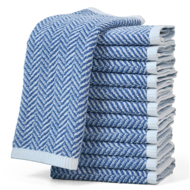 Cleanbear Wash Cloths for Your Face and Body, 12 Washcloths for Showering with Decorative Herringbone Stripes, 100% Cotton, Light Blue, 13 x 13 Inches