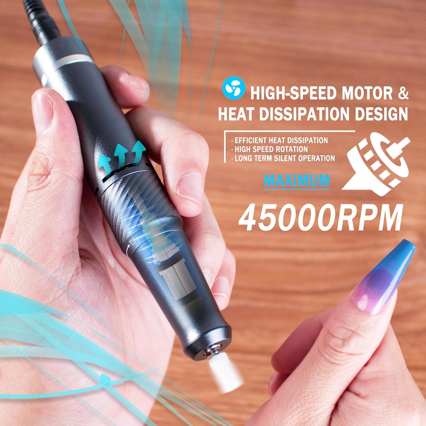 Professional Cordless Electric Nail Drill - 45000 RPM Rechargeable Nail File with 11 Bits for Acrylic & Gel Polishing - Portable Manicure Tool for Home Salon