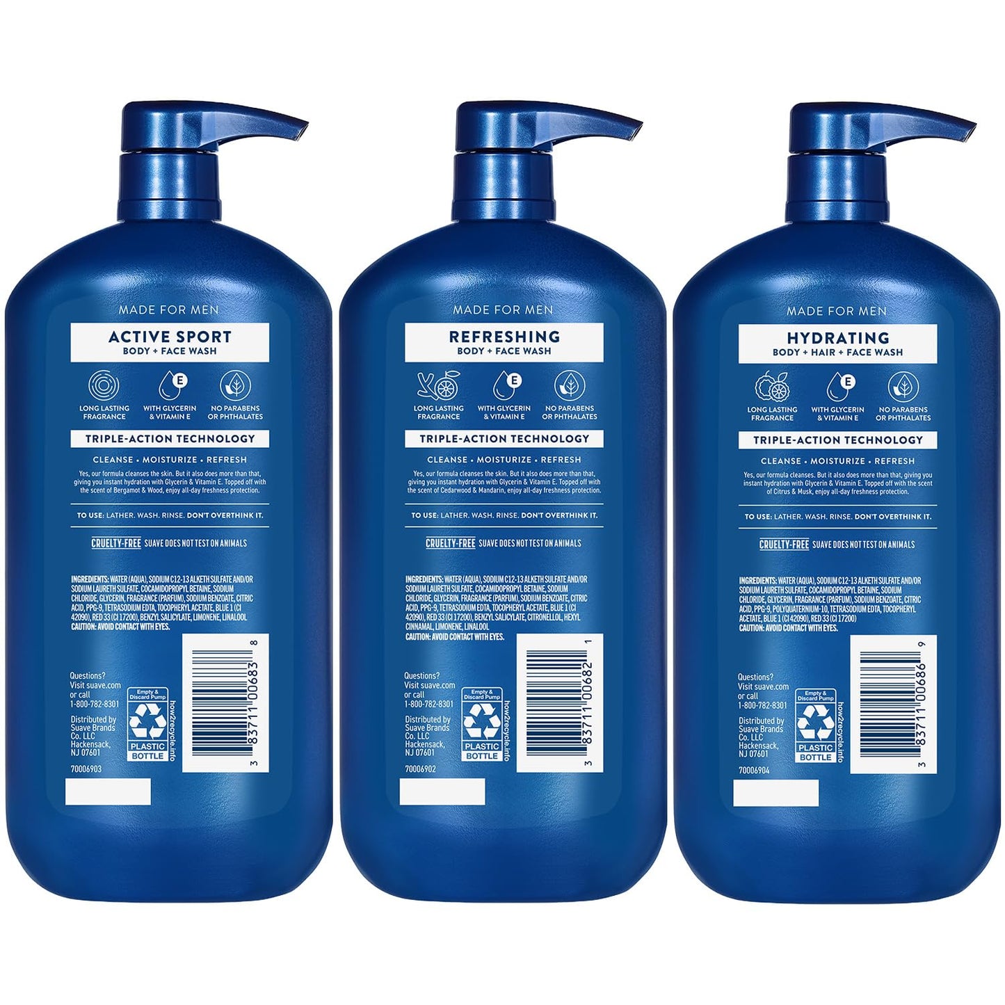 Suave Men Body & Hair Care Variety 3-Pack – Energizing Sport, Refreshing Body + Face Wash, and Hydrating 3-in-1 Hair + Body + Face Wash, 30 Oz Ea