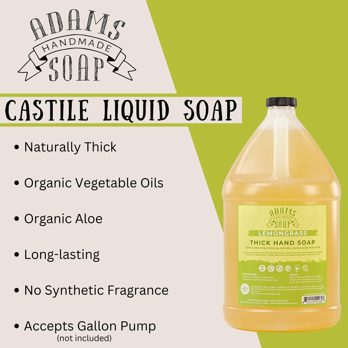 Adams Handmade Soap Thick Organic Castile Liquid Hand Soap 1 Gallon Refill - Lemongrass