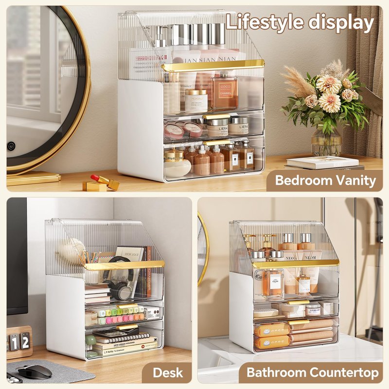 Makeup Organizer Countertop with Lid, Skincare Organizers for Vanity, 3 Tiers Clear Makeup Storage Cosmetic Display Cases Holder for Bedroom Bathroom Dresser Desk Countertop