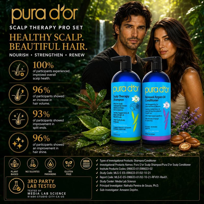 PURA D'OR Scalp Therapy Shampoo & Conditioner Set (16oz x 2) Dry, Itchy Scalp-Hydrates & Nourishes Hair w/Tea Tree, Peppermint, Argan Oil & Biotin, All Hair Type, Men Women (Packaging Varies)