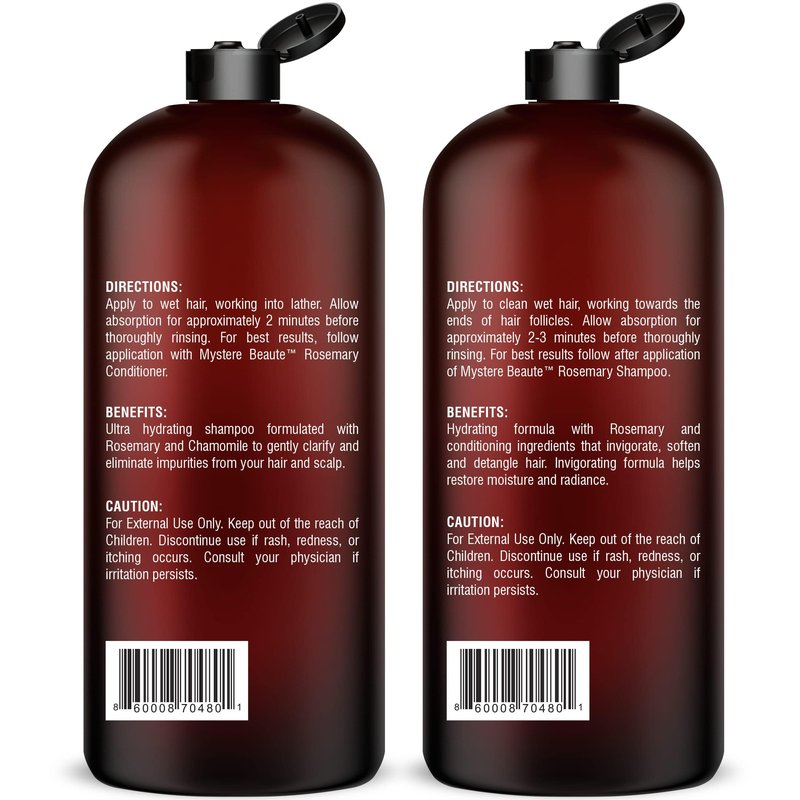 MYSTÉRE BEAUTÉ Rosemary Shampoo and Conditioner Set for Hair Growth - 16 oz Each - Sulfate Free with Biotin, Keratin & Argan Oil - Strengthens, Thickens & Reduces Thinning for Men and Women