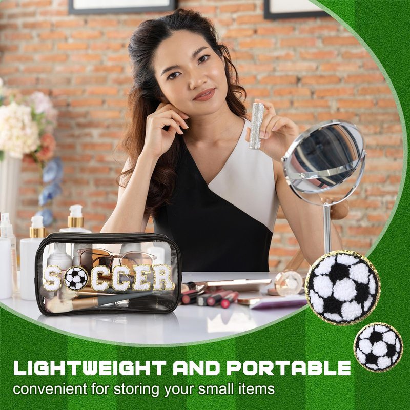 Reallnaive 6 Pcs Soccer Clear Cosmetic Makeup Bag with Chenille Letter Patch Sport Team Gift Goodie Snack PVC Pouch Organizer Waterproof Travel Toiletry Bags for Sports Theme Birthday Party Supplies