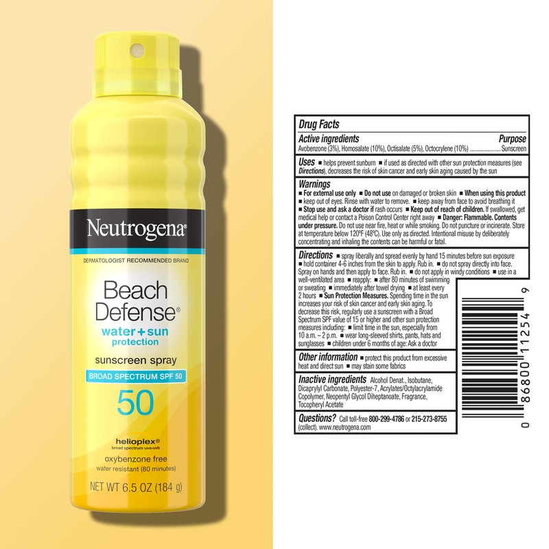 Neutrogena Beach Defense Sunscreen Spray SPF 50 Broad Spectrum UVA UVB Protection Lightweight Water Resistant up to 80 Minutes Oil-Free Beach-Strength Sun Protection for Whole Family, 6.5 oz