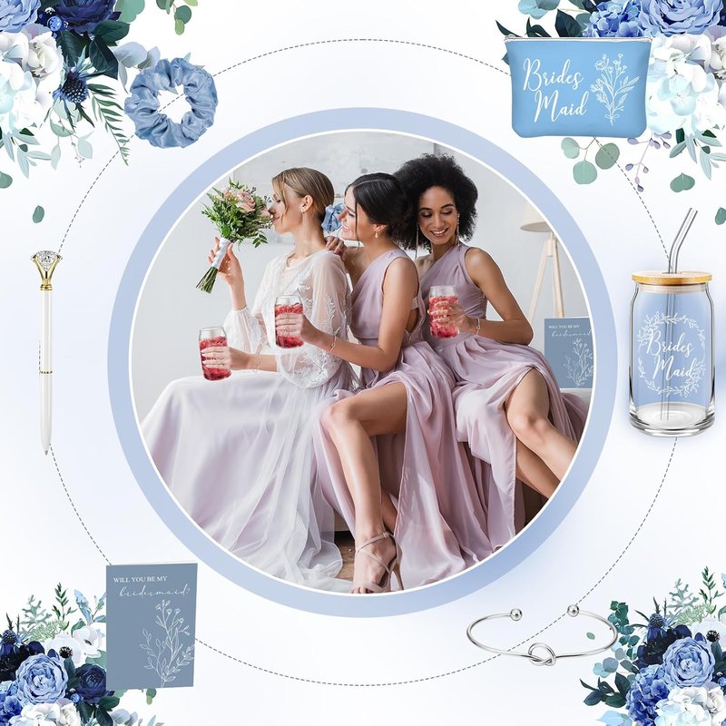 Bridesmaid Proposal Gifts Set - 36 Pcs Including 16 oz Glass Cups, Cosmetic Bags & Bracelets | Blue