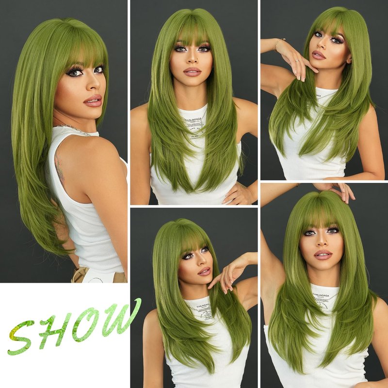 7JHH WIGS Long Straight Green Synthetic Wig with Bangs 25inch Layered Straight Middle Length Heart Resistant Synthetic Fiber Wig Natural Looking Wigs for Women Party Cospaly Wig and Daily Used