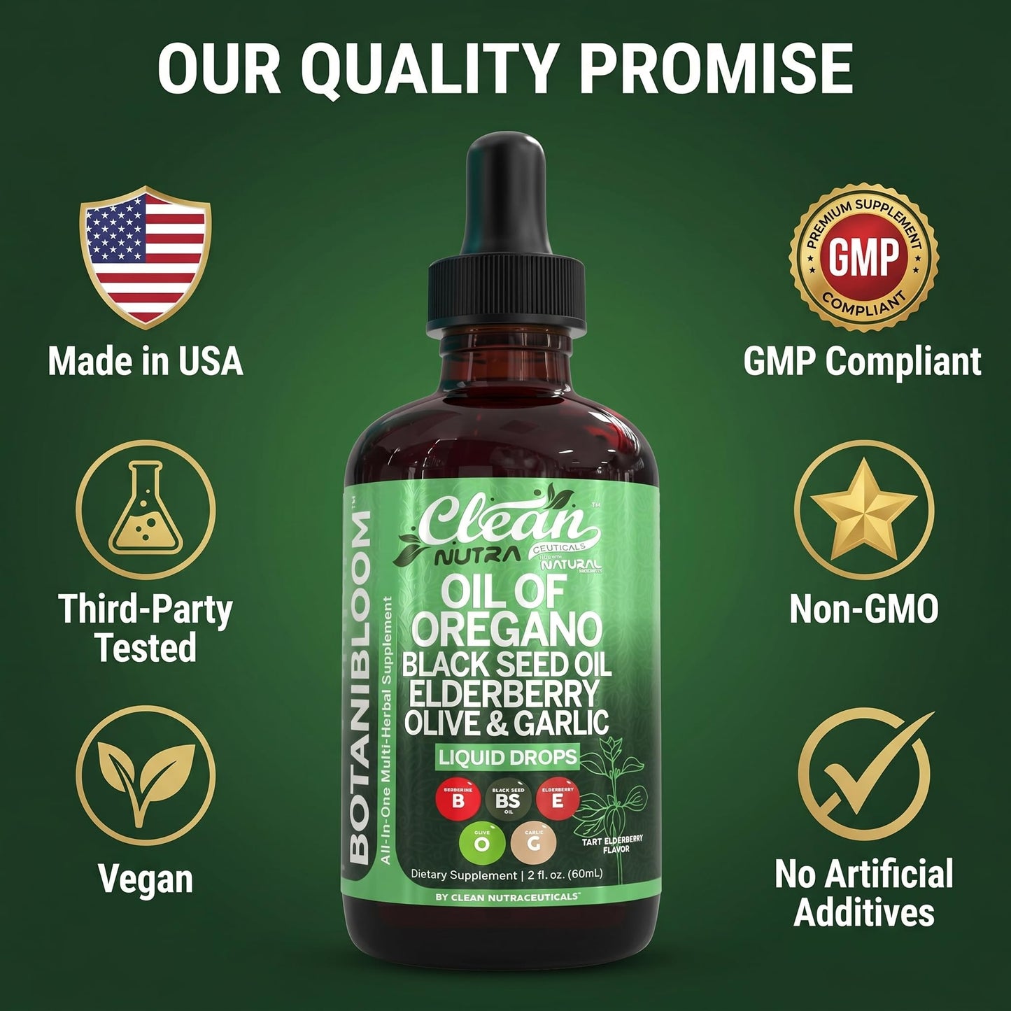 Clean Nutra Oil of Oregano Drops Black Seed Oil Elderberry Vitamin D D3 K2 Olive Garlic Immune Support Supplement Zinc Supplements Liquid 2 Fl Oz Vegan