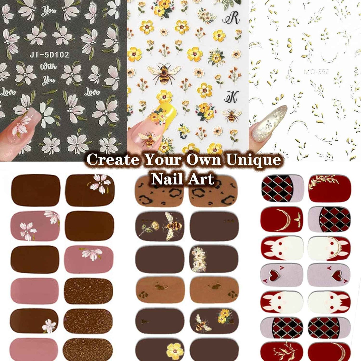 Nail Wraps Art Stickers for Coffin & Ballerina Nails - Glitter & Leopard Designs