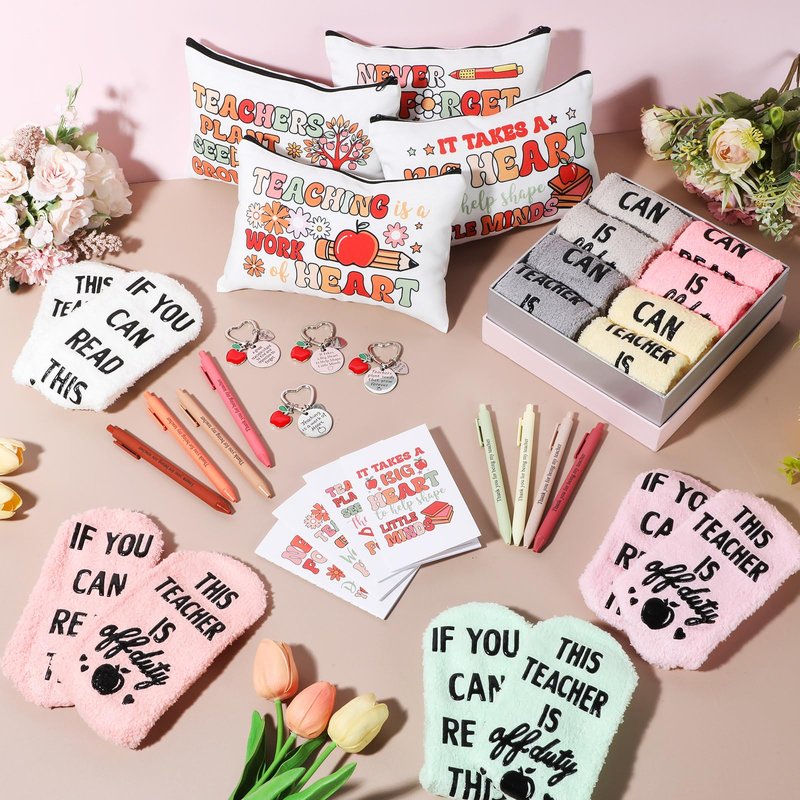 Fulmoon 40 Pcs Teacher Appreciation Gifts Thank You Teacher Gifts Bulk Socks Makeup Bags Keychains Motivational Notebooks Ballpoints(Wood Color,Teach Love Inspire)