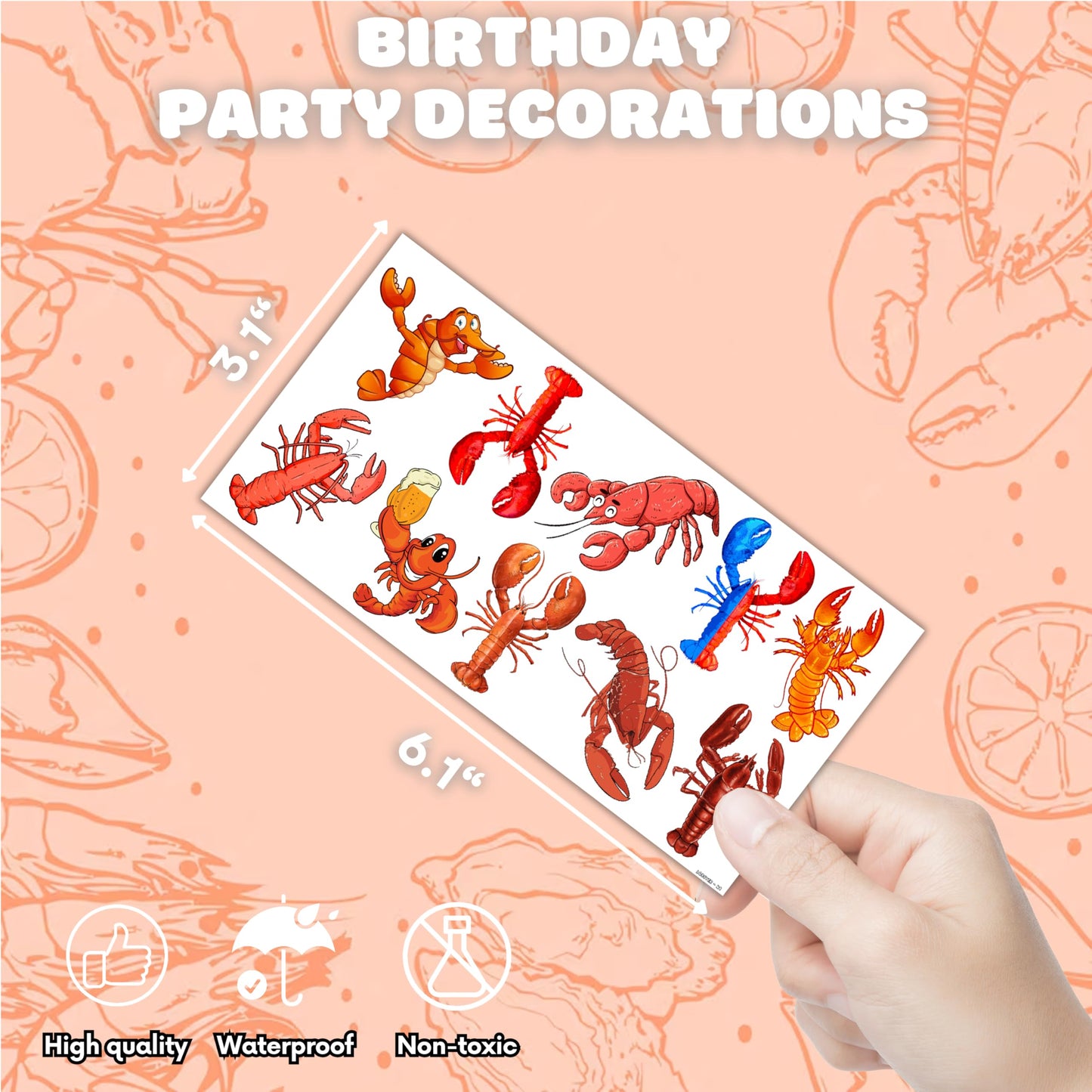 100 PCS Crawfish Temporary Tattoos (10 Sheets) - Cute Lobster Party Favors & Seafood Decorations for Kids, School Carnival Supplies