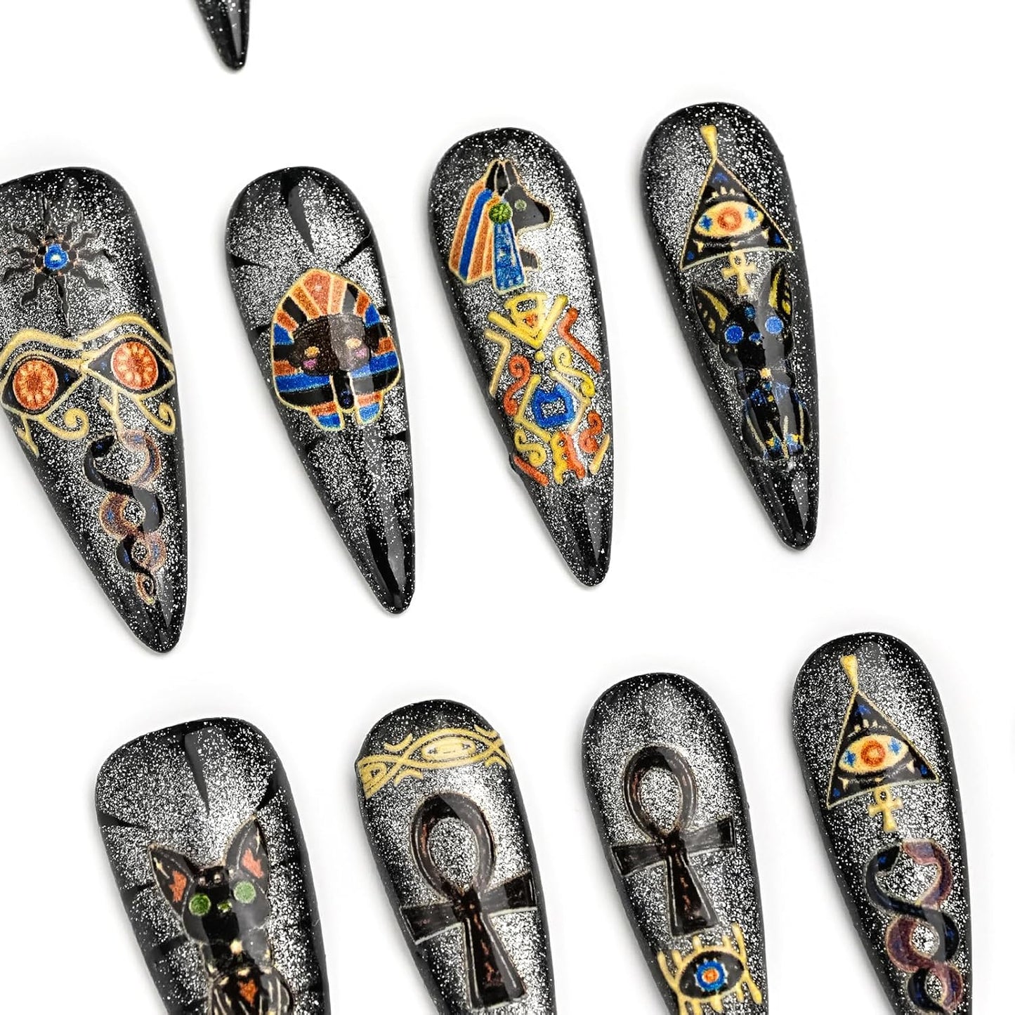 Colorful Handmade Press-On Stiletto Nails with 3D Devil Eyes - 10 Pcs Set for Women