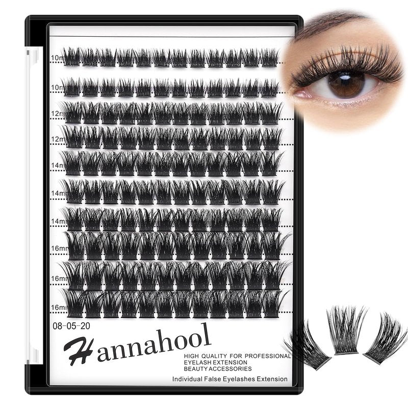 Hannahool10Rows Mixed 10-12-14-16mm /8-10-12-14mm Individual False Eyelashes D Curl Wide Stem Makeup Cluster Eyelashes Natural Volume Eye Lashes Extensions (HD-lashes kit-10-12-14-16MM Mixed)