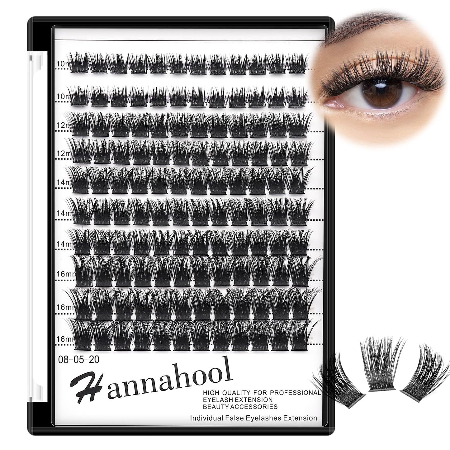 Hannahool10Rows Mixed 10-12-14-16mm /8-10-12-14mm Individual False Eyelashes D Curl Wide Stem Makeup Cluster Eyelashes Natural Volume Eye Lashes Extensions (HD-lashes kit-10-12-14-16MM Mixed)