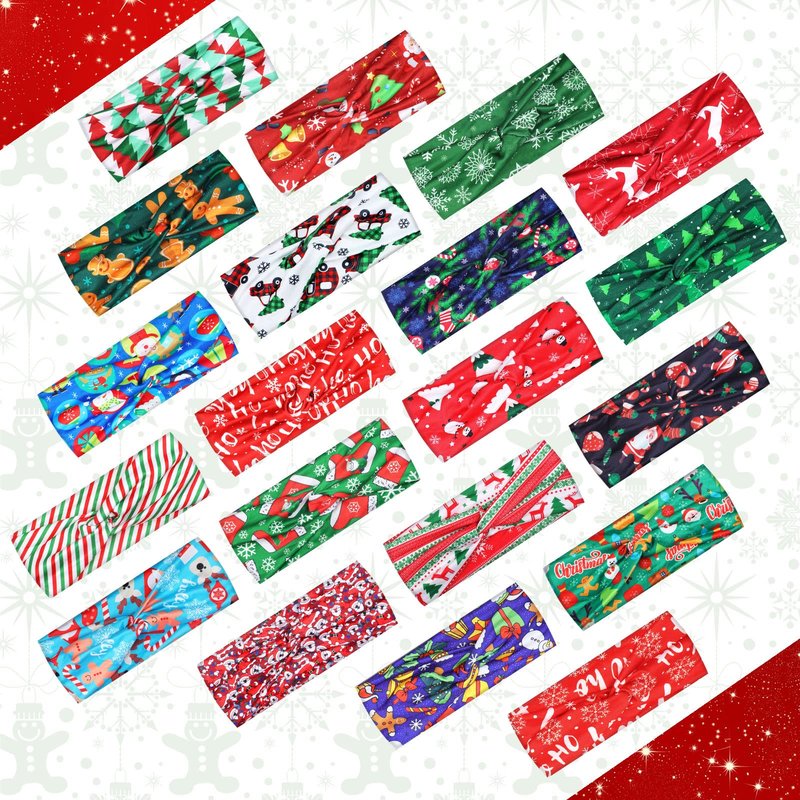 Giegxin 20 Pcs Christmas Headband for Women Christmas Stretchy Twisted Headbands Elastic Hair Bands Santa Claus Snowman Wide Knotted Hair Accessories for Girls Party