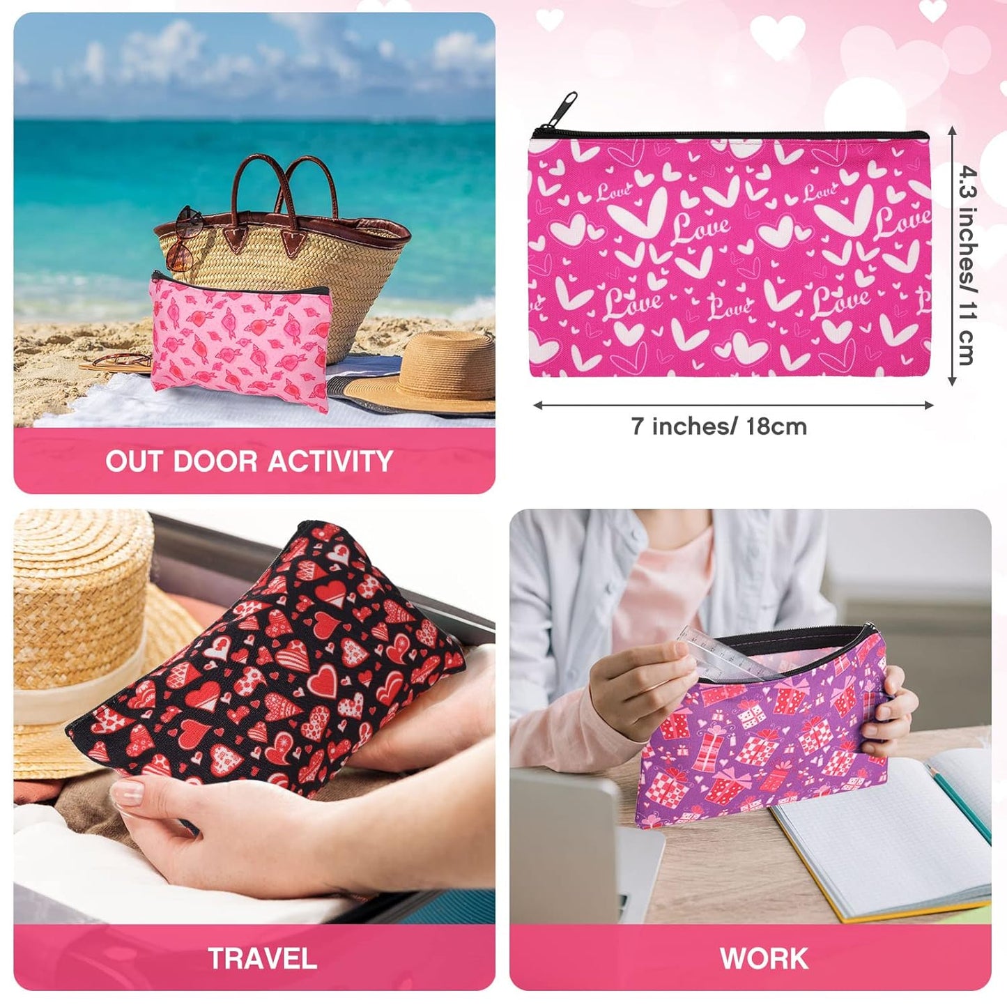 Reginary 14 Pcs Valentine Makeup Bag Set - Heart Cosmetic Bags for Women | Pink & Red Travel Pouches with Zipper