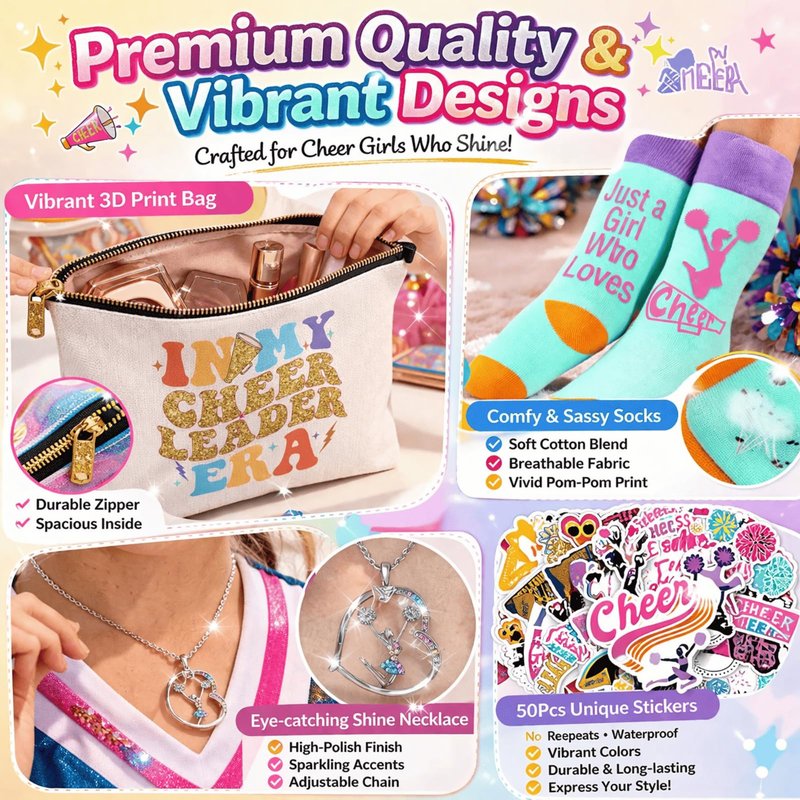 FJHAIY Cheerleader Gifts Set Women Including Cheerleader Makeup Bags Cheerleader Necklace Cheerleading Socks Cheerleader Stickers-Cheerleader Lovers Gifts