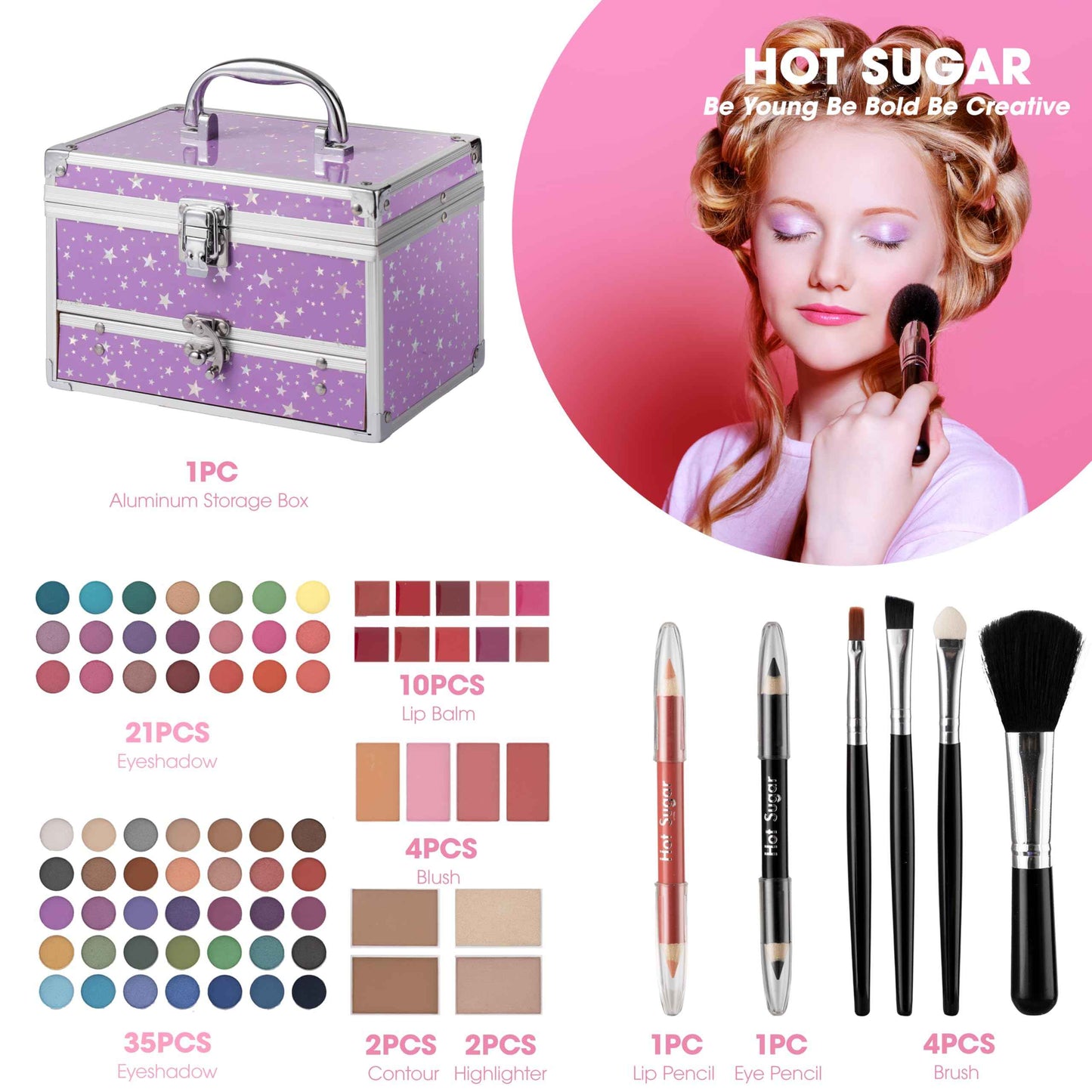 Hot Sugar Makeup Kit for Teens with Train Case, Portable Beginner Makeup Gift Set, Makeup Beauty Kit for Girls (Purple)