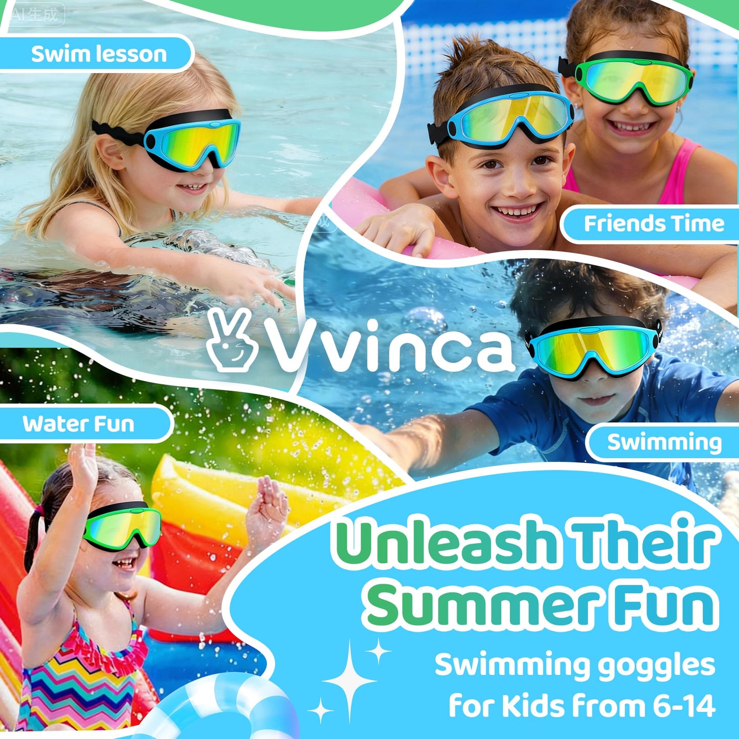 Vvinca Kids Swim Goggles for Boys Girls Age 3-15, Soft Wave-Shape Strap (No Hair Pulling), 180° Wide View Anti Fog/UV Waterproof Swimming Goggles, Leak Free Silicone Pool Goggle for Toddler Youth