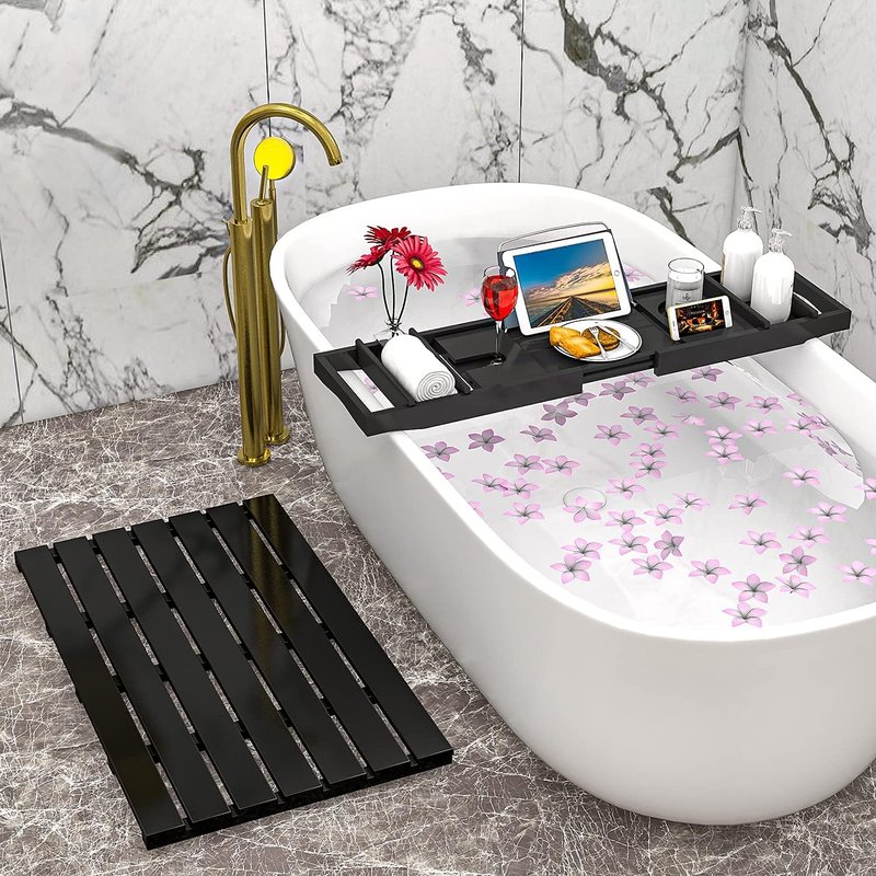 Bathtub Caddy Tray - Expandable Bamboo Tub Tray with Book Holder & Soap Dish | Luxurious Black Design