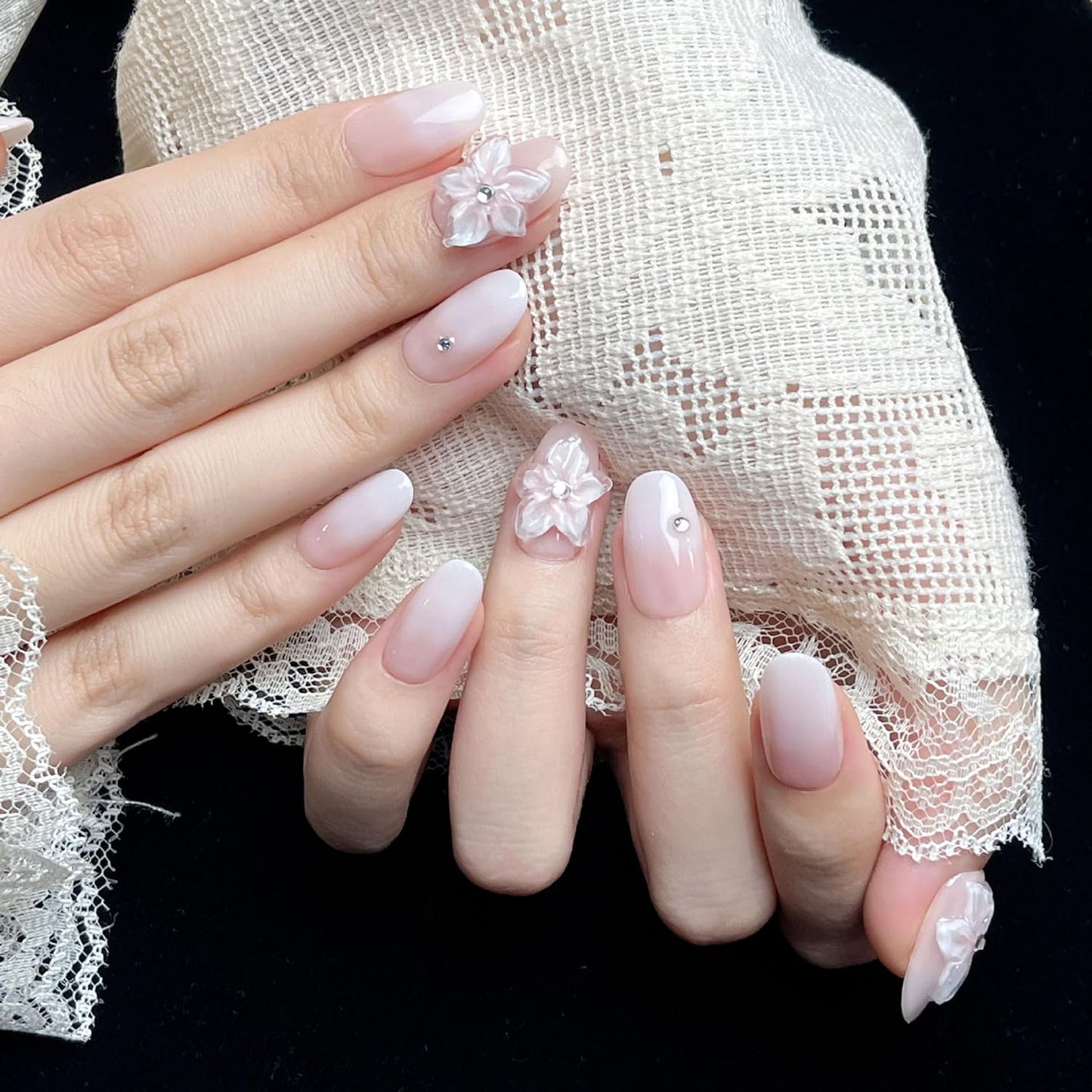 3D Sea Shell Press-On Nails - Handmade Medium Almond Beach Nail Art with Butterflies (L Size)