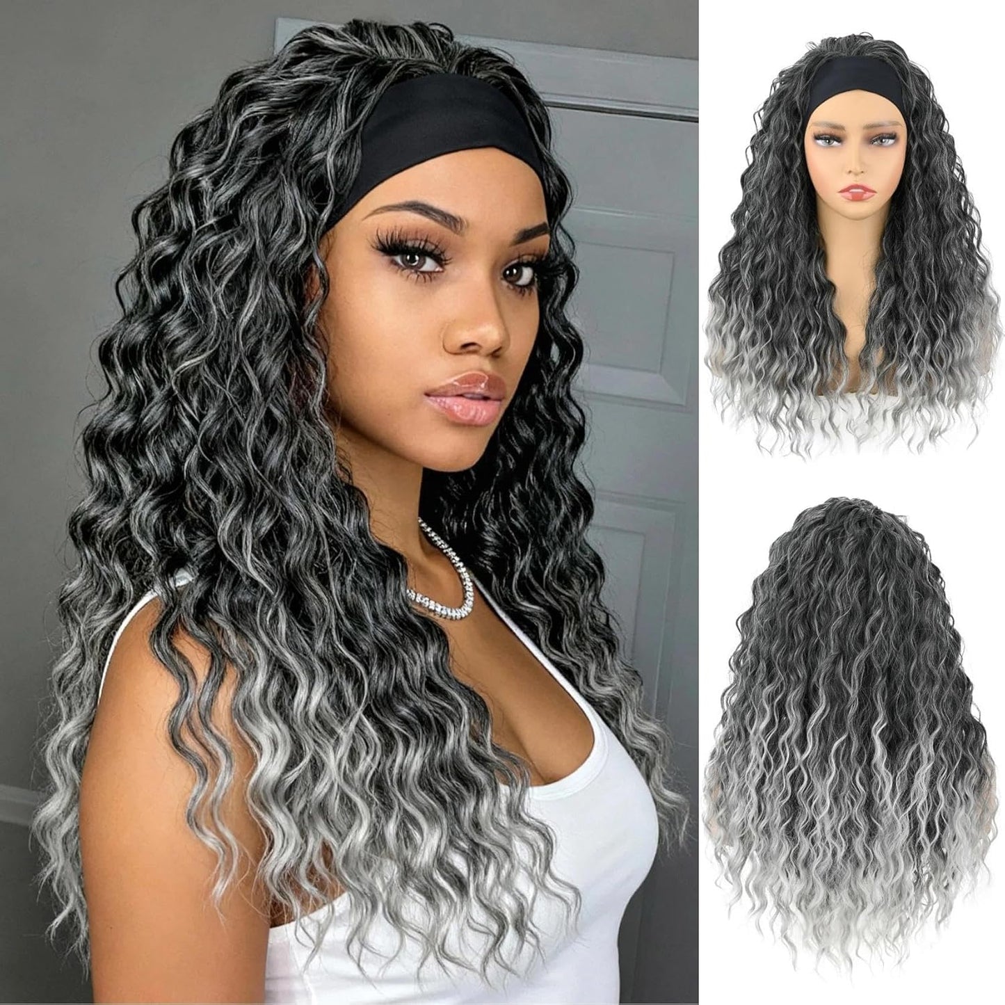 Deep Wave Headband Wig - 20 Inch Gray Synthetic Half Wig for Black Women | Glueless, Machine Made (T1B/Gray)