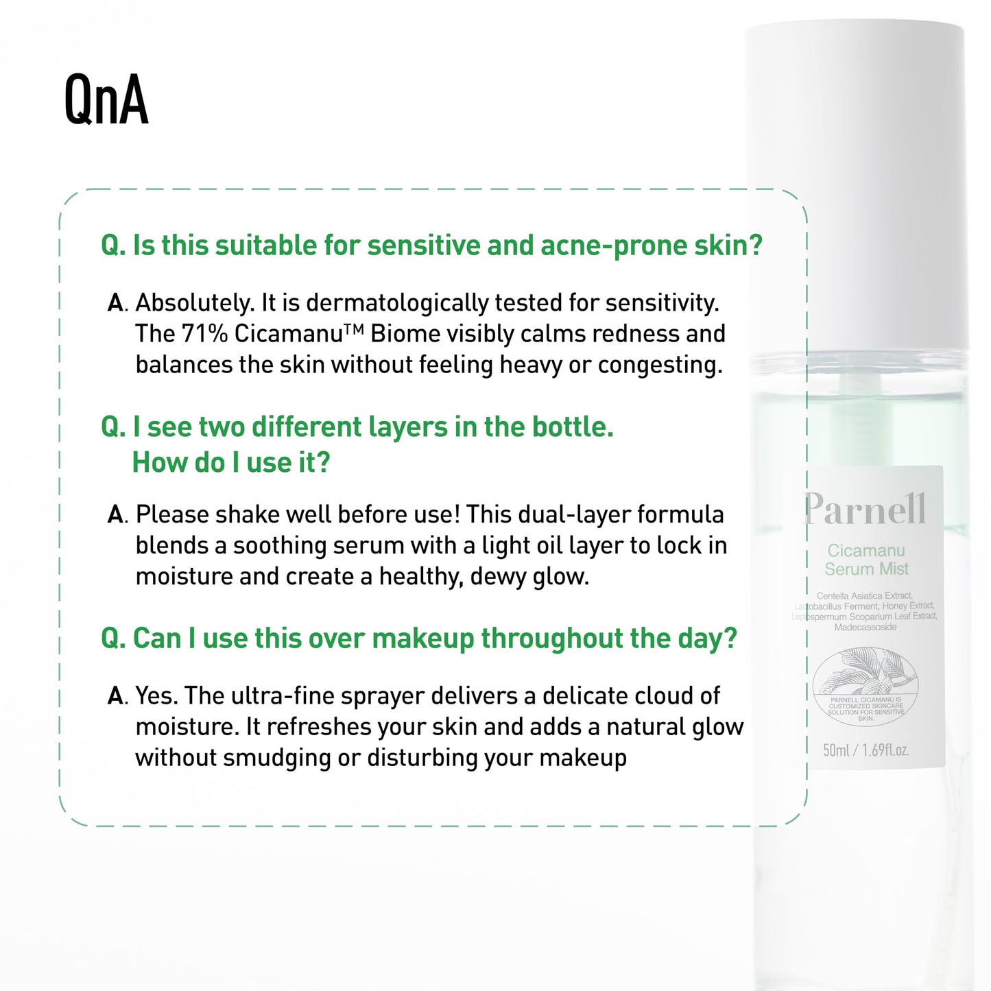 Parnell Cicamanu Serum Mist (1.69 Fl Oz) 50ml | Centella Asiatica, Ceramide & LHA | Dual-Layer Hydrating Face Mist for Glowing Skin | Soothing & Sebum Control | Korean Skincare