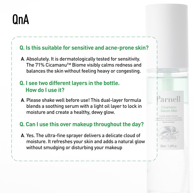 Parnell Cicamanu Serum Mist (1.69 Fl Oz) 50ml | Centella Asiatica, Ceramide & LHA | Dual-Layer Hydrating Face Mist for Glowing Skin | Soothing & Sebum Control | Korean Skincare