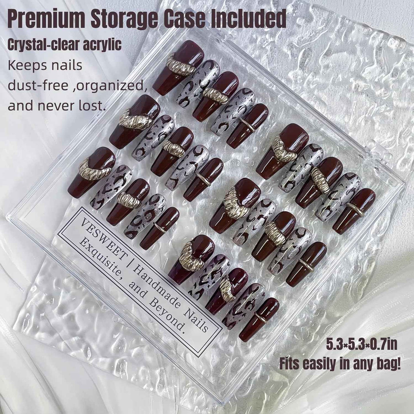 30PCS Luxury Press-On Nails Set – Long Coffin Dark Brown Leopard with Gold Accents – No Measuring Needed, Reusable Kit with Glue & Tools