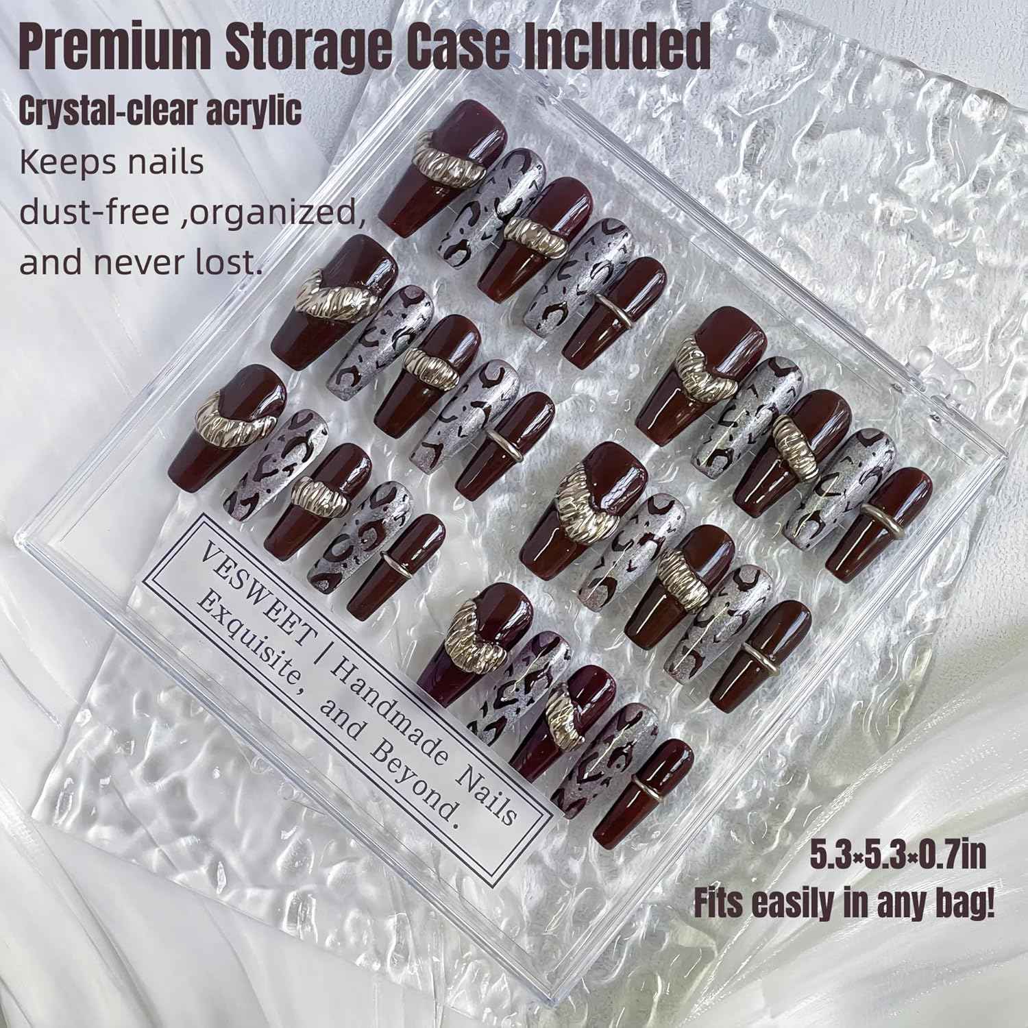 30PCS Luxury Press-On Nails Set – Long Coffin Dark Brown Leopard with Gold Accents – No Measuring Needed, Reusable Kit with Glue & Tools