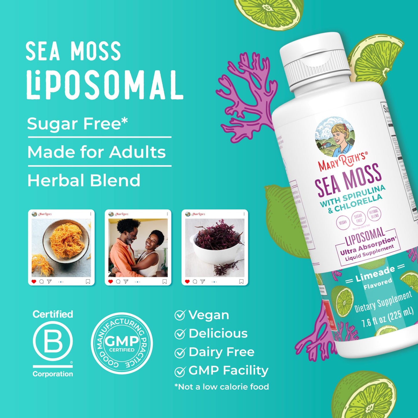 MARYRUTH'S Organics Sea Moss with Spirulina and Chlorella Liposomal | Chlorophyll | Dandelion Root | Superfood | Ultra Absorption | Vegan | Non-GMO | Gluten Free | 7.6 fl oz | 15 Servings