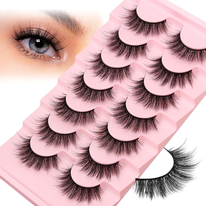 3D Volume Faux Mink False Eyelashes - Natural Looking Manga Lashes | 16mm Wispy Anime Strip Lashes - 7 Pairs for Cosplay