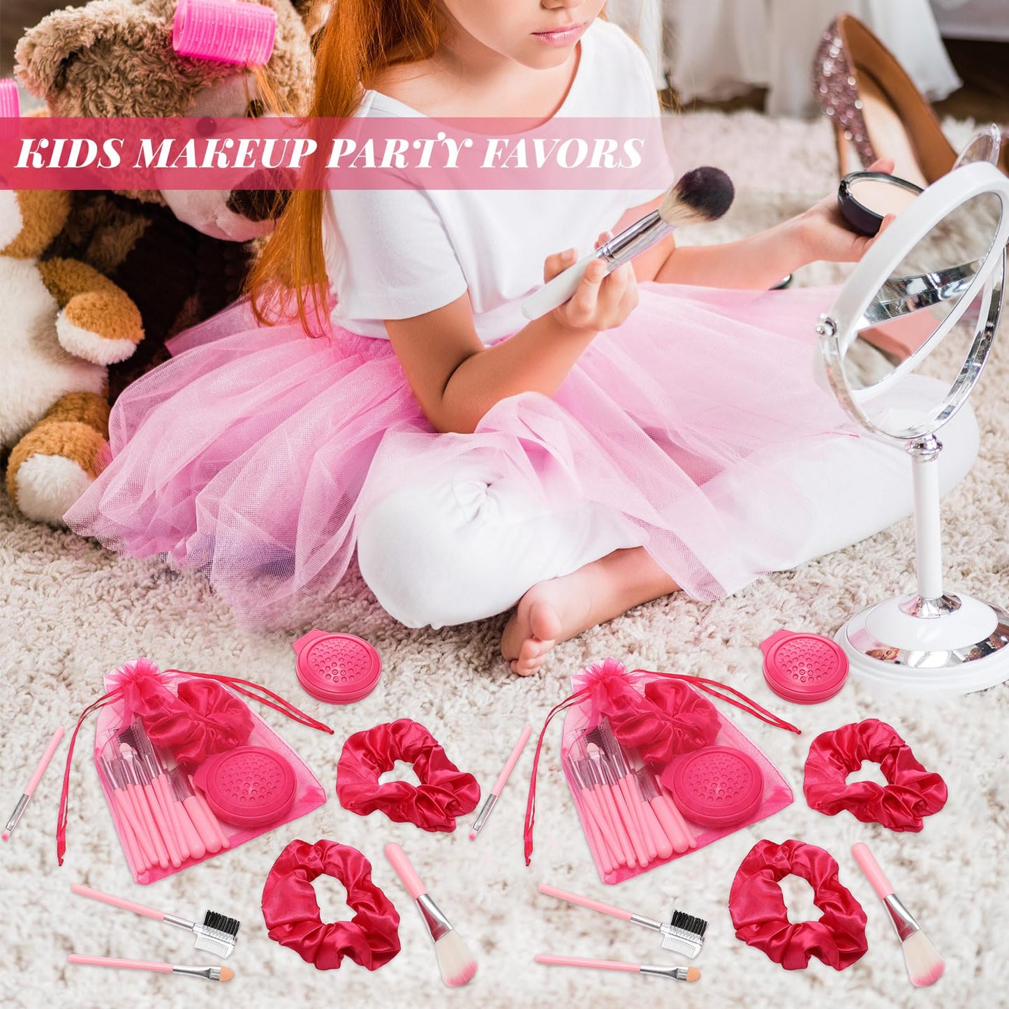 SiliFine Pink Girl Party Favors Girl Makeup Party Favor Party Supplies Set Includes Pink Gauze Bags, Hair Scrunchies, Foldable Mirror Hair Brushes, Makeup Brushes Toys(48 Pcs)