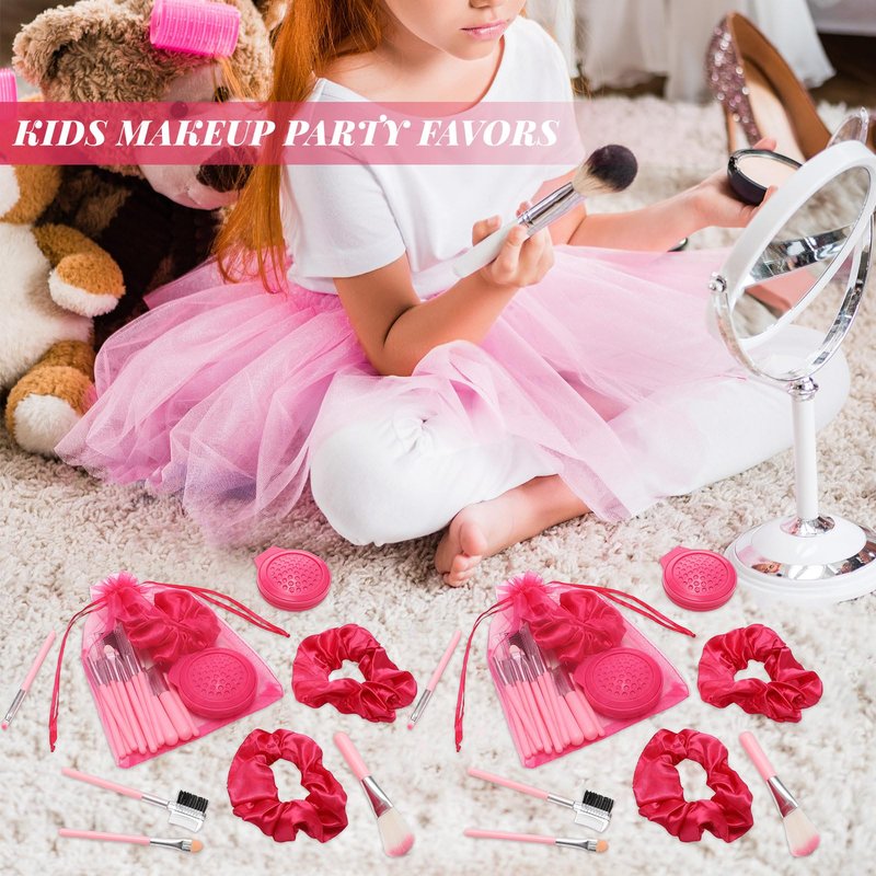 SiliFine Pink Girl Party Favors Girl Makeup Party Favor Party Supplies Set Includes Pink Gauze Bags, Hair Scrunchies, Foldable Mirror Hair Brushes, Makeup Brushes Toys(48 Pcs)