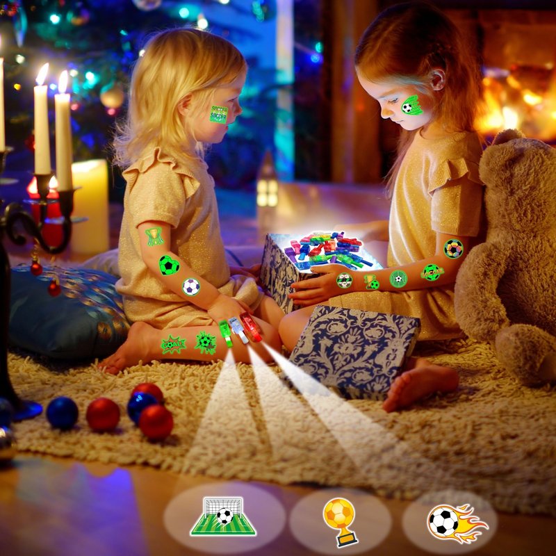 72 PCS Soccer Party Favors – 48 PCS Luminous Tattoos & 24 PCS LED Finger Lights Combo – Birthday Goodie Bag Fillers, Party Supplies, Gifts Light Up Toys Glow In The Dark for Boys and Girls (Soccer 1)