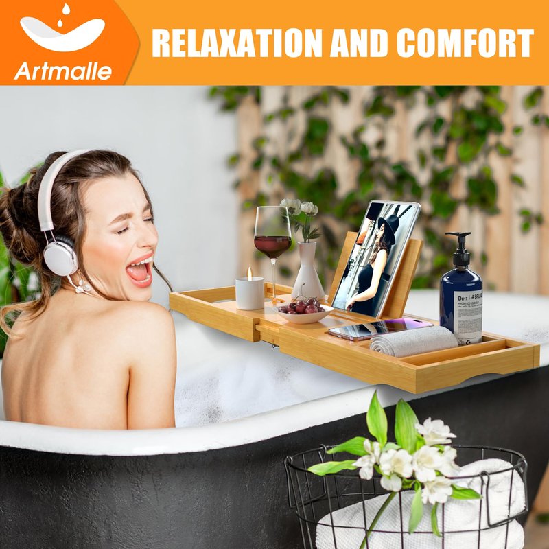 Artmalle Foldable Bathtub Tray for Tub, Bamboo Bathtub Caddy Tray Table with Book Stand for Luxury Bath, Bathroom Accessories for Women Men with Free Soap Dish (Semi-Simple, Natural) (Natural)
