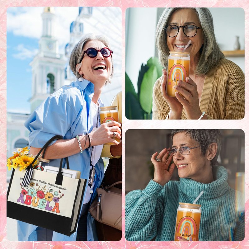 LemonRoad 5 Pcs Spanish Grandma Gifts Set Abuela Birthday Gifts Regalos Para Abuela Including Tote Bag 16 oz Glass Cup Makeup Bag Natural Stone Bracelets for Nana Gigi Grandmother Birthday Supplies