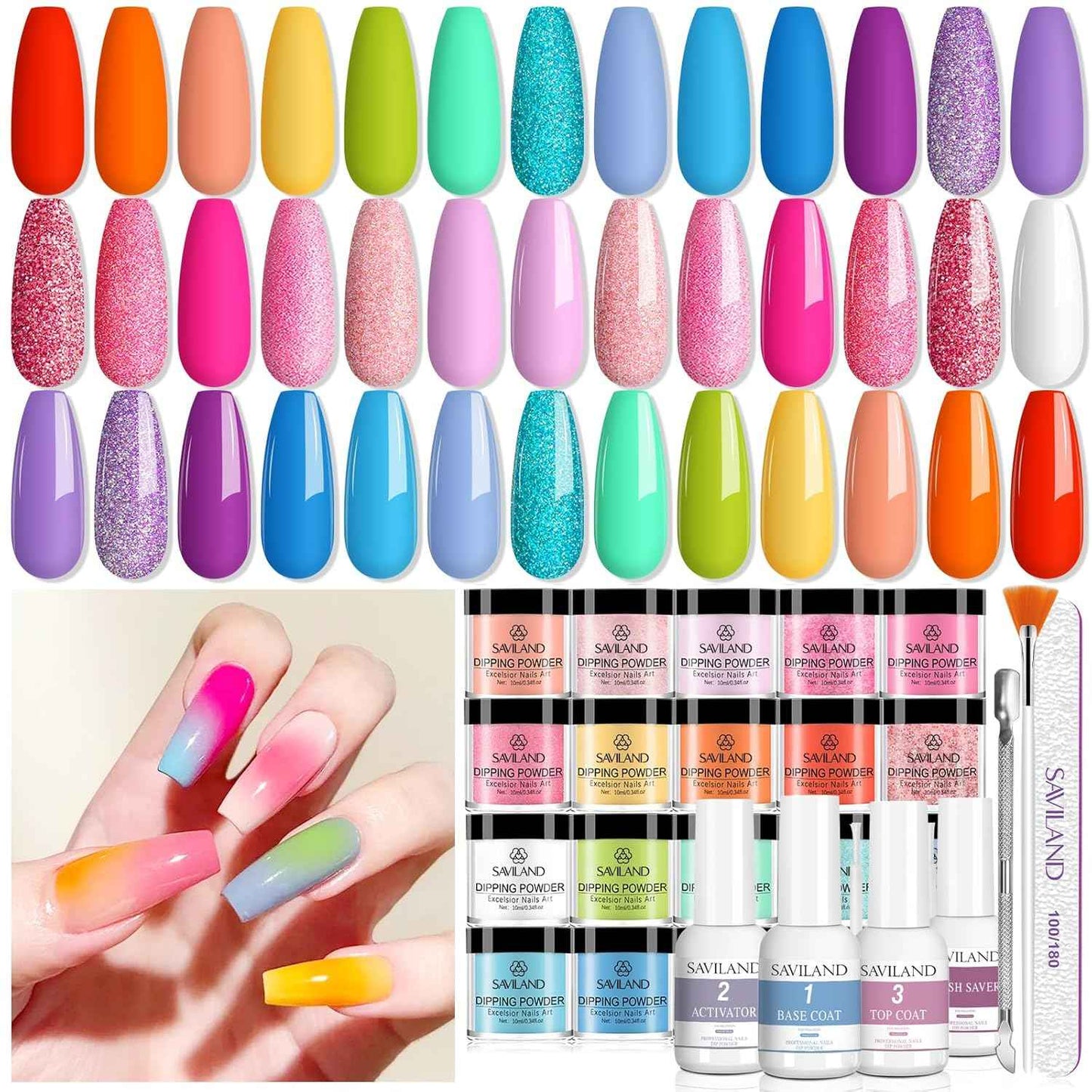 SAVILAND 20-Color Dip Powder Nail Kit with Clear Pink & Rainbow Shades + 4 Liquids