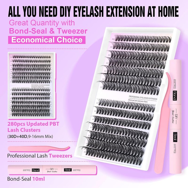 Eyelash Extension Kit - 280pcs Individual Cluster Lashes | 9-16mm with Bond & Seal