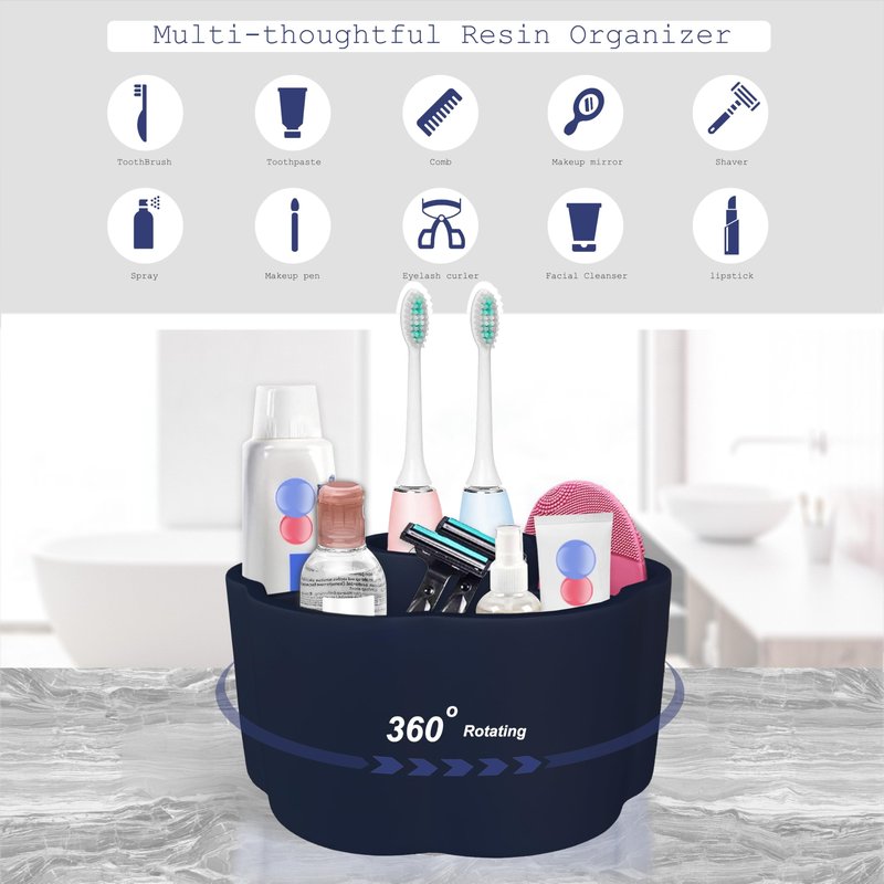 UNICYEEGAR 360° Rotate Makeup Brush Holder, 4 Slot Spin Beauty Tools Organizer, Brush Countertop Display Case, Desktop Storage, Bathroom Vanity Holder, Resin with Navy Blue Rubber Paint.