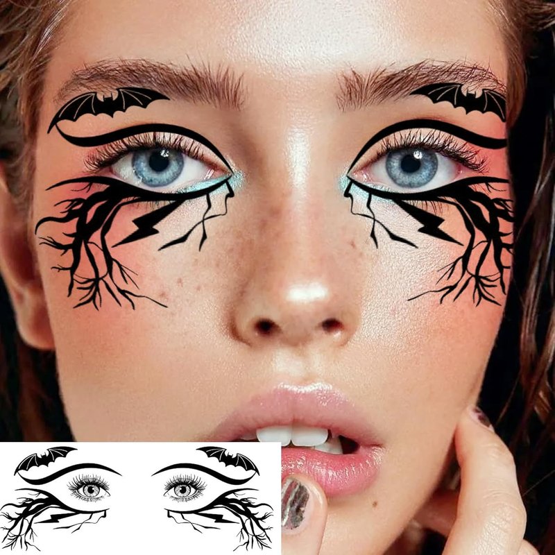 Halloween Eye Shadow Temporary Tattoos - 7 Sheets of 3D Spider Web & Cat Skull Designs | Fun Makeup Accessories for All Ages