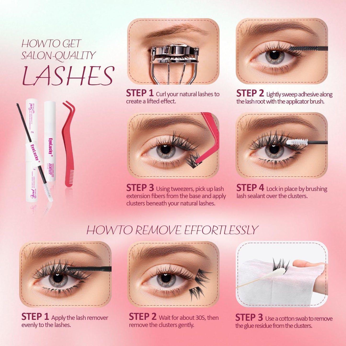 Lash Clusters Kit 280 pcs 9-16mm Volume Hybrid Eyelash Clusters 40D+50D D Curl Individual Lashes DIY Lash Extension Kit Thin Band Cluster Lashes Lash Bond and Seal Tweezers remover