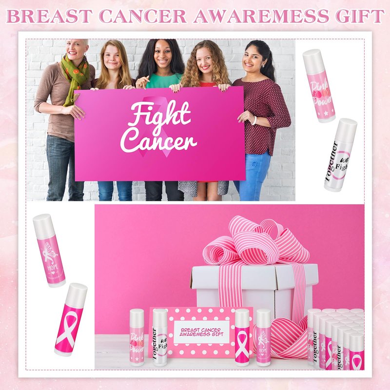 Fumete 50 Sets Breast Cancer Awareness Accessories Gifts Lip Balm Bulks Pink Ribbon Breast Cancer Awareness Items Decorations Natural Ingredients Survivor Gifts Items for Girl Women