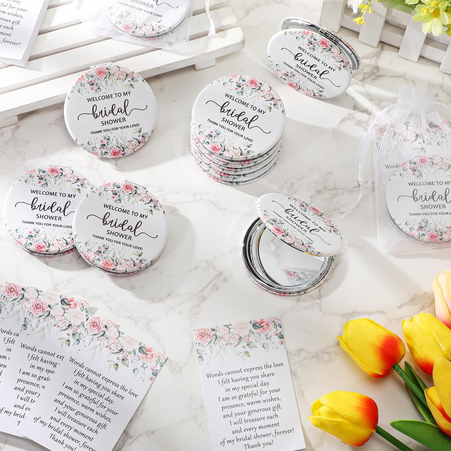 XunYee 24 Sets Bridal Shower Favors for Guests Flower Design Makeup Mirrors Leather Compact Mirrors Bridal Thank You Cards with Organza Bags Bridesmaid Gifts Wedding Party Favors Supplies (Pink)