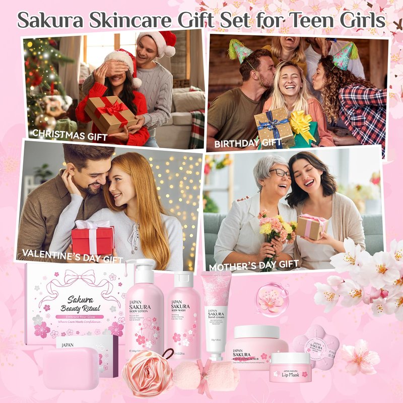 9Pcs Bath and Body Gift Set for Women & Girls, Cherry Blossom Bath and Body Gift Set with Body Wash, Lotion, Soap, Bath Bomb, Scrub, Hand Cream & Lip Mask, Home Spa Gift Set for Women Christmas Gifts
