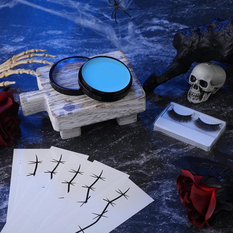 XunYee Halloween Costume Makeup Set - 22 Pcs with Stitches Tattoos, Blue Face Paint & False Eyelashes | Perfect for Cosplay Parties