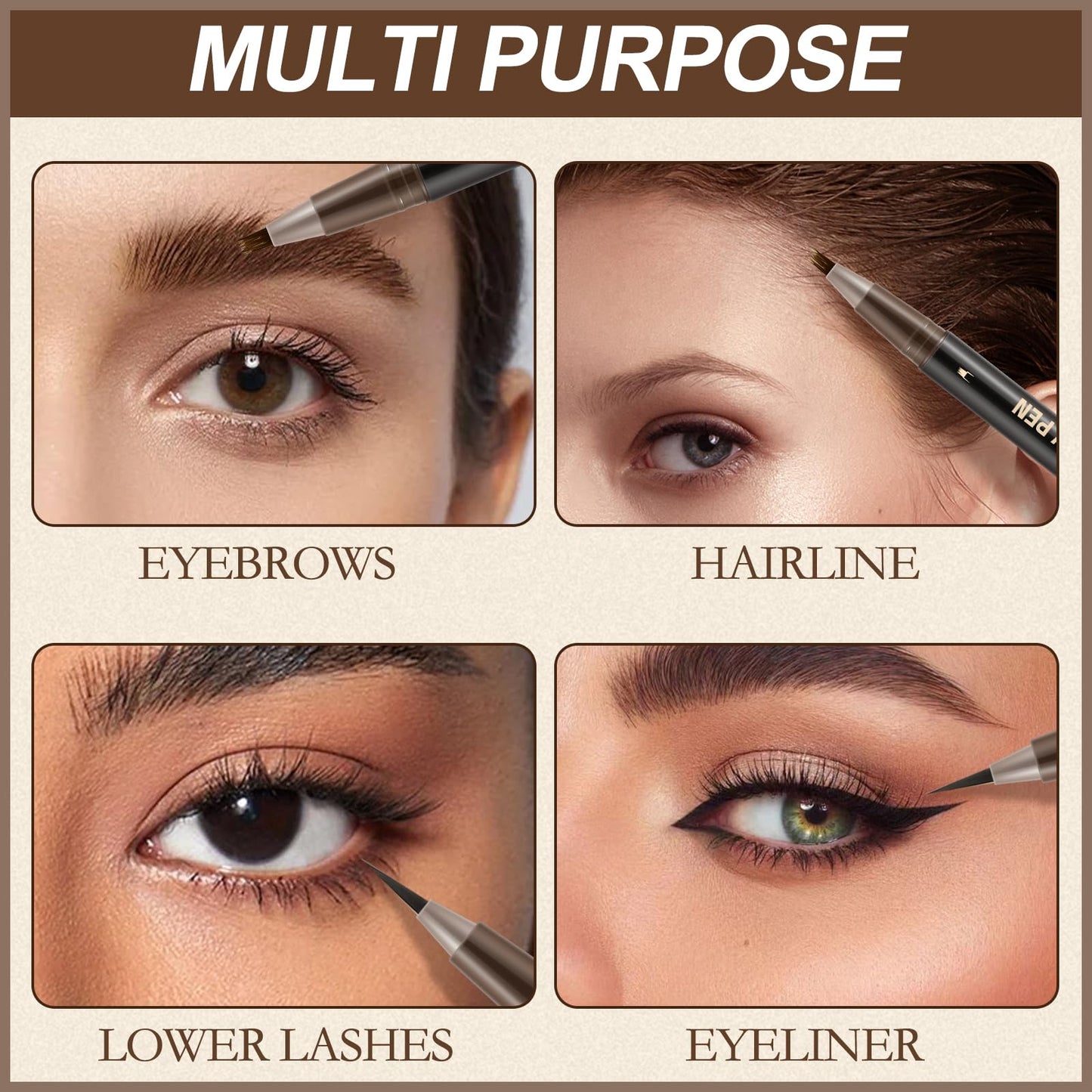 Boobeen 3pcs Waterproof Eyebrow Pen,Dual-Ended Eyeliner Microblading Eyebrow Pencil for Women,Long Lasting Hair-Like Brow Pen with Brow Brush,Dark Brown