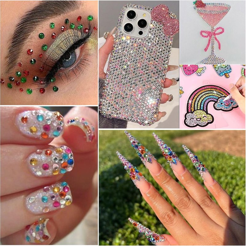 Nail Art Rhinestone Colorful Rhinestones Round Glass Gems Ab & Silver Flatback Crystal Diamonds with Tweezers and Wax Pencil Suitable for Nail Makeup Art Design and DIY Craft Projects