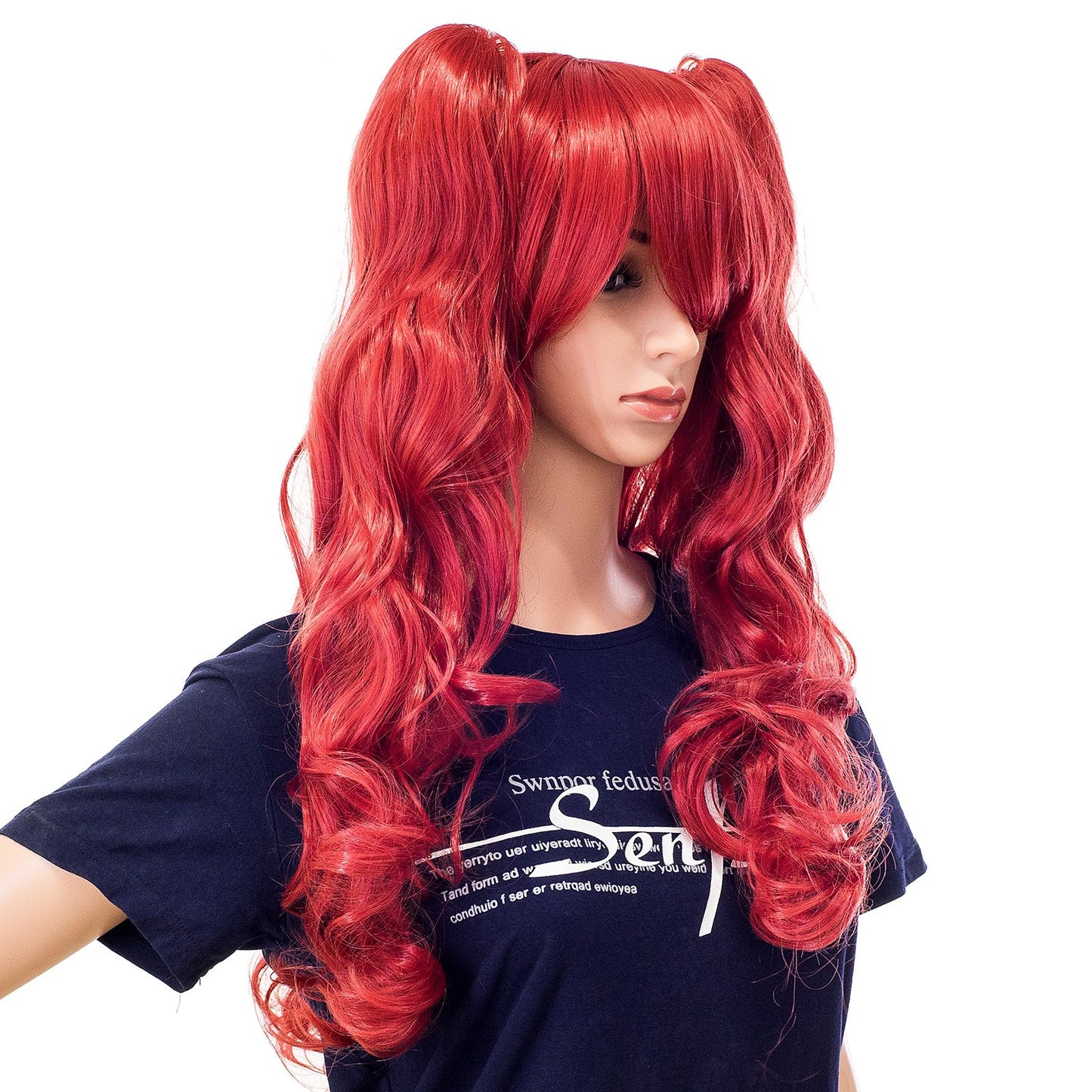 SWACC Long Curly Double Claw Clip on Ponytail Wig Synthetic Pastel Colorful Cosplay Daily Party Wig for Women with Wig Cap (Red)