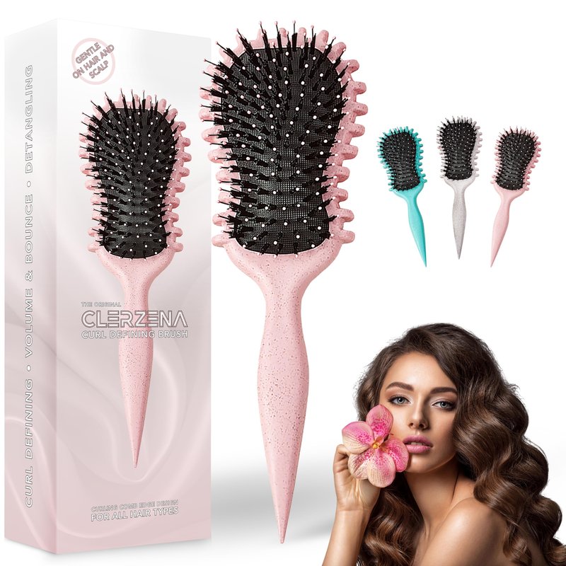 Curl Defining Brush for Curly Hair | Edge Control Round Hairbrush for Blow Out | Boar Bristle Hair Brush for Women and Wave Hairbrush for Men (Pink)